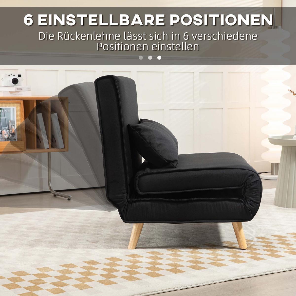 SCHLAFSESSEL, 2-in-1 Schlafsofa mit Bettfunktion, Zierkissen bis 120 kg Schwarz - Schwarz/Naturfarben, Holz/Textil (78/80/94cm) - HOMCOM