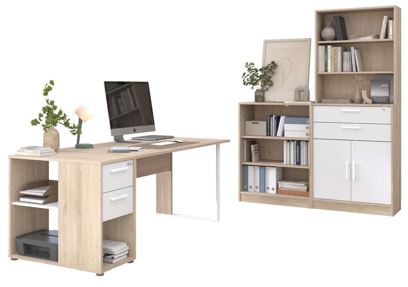 BÜROMÖBEL-SET Eiche, weiß, Kombination mit Schreibtisch, Container und Stauraumregal - Eichefarben/Schwarz, Holzwerkstoff/Kunststoff (80/150/104cm) - Parisot Meuble