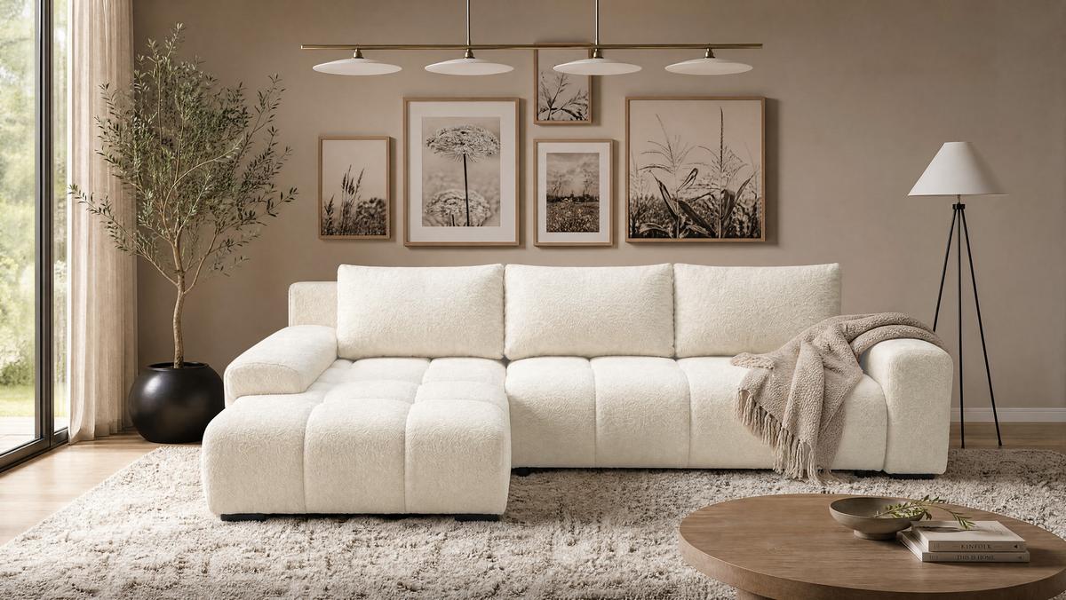 ECKSOFA Ovia mit Bettkasten und Schlaffunktion, Bouclé-Stoff in L-Form - Beige, Textil (270/185cm)
