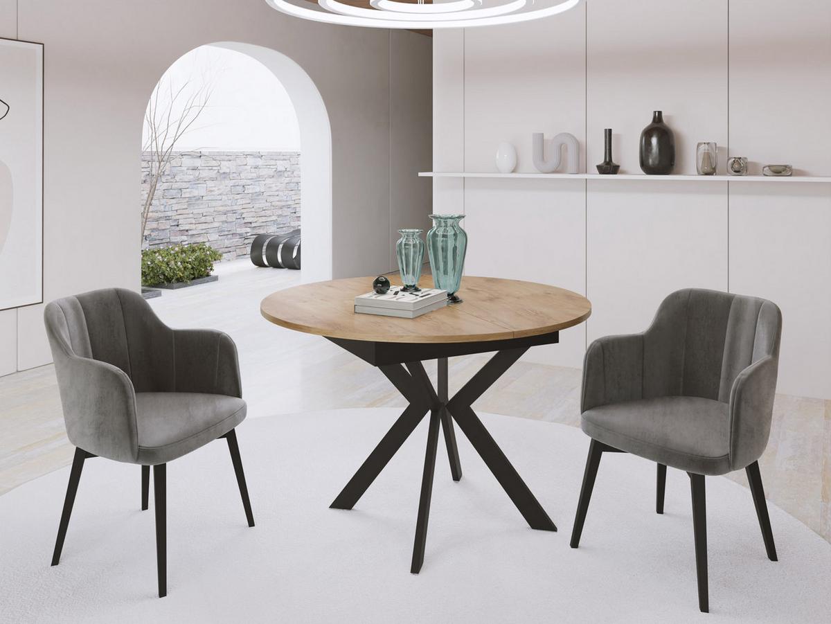 ESSTISCH Lily runder ausziehbarer, Lancelot Eiche 100-140/100/76 cm - Eichefarben/Schwarz, Holzwerkstoff/Metall (100/100/76cm) - WFL GROUP