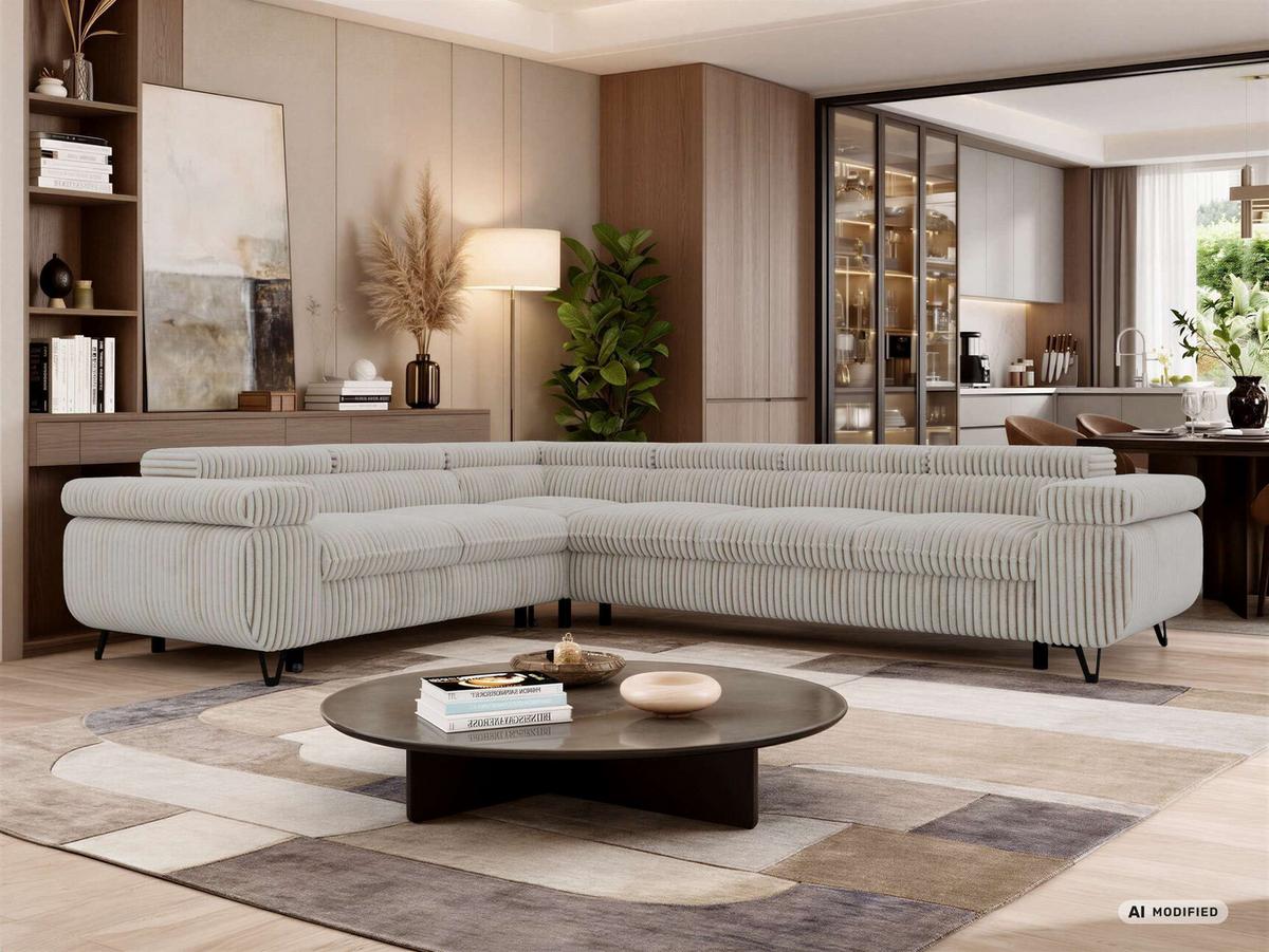 ECKSOFA NORDEN L - Beige Cord - Rechts Seite - Beige/Creme, Textil/Metall (329/269cm) - MKS