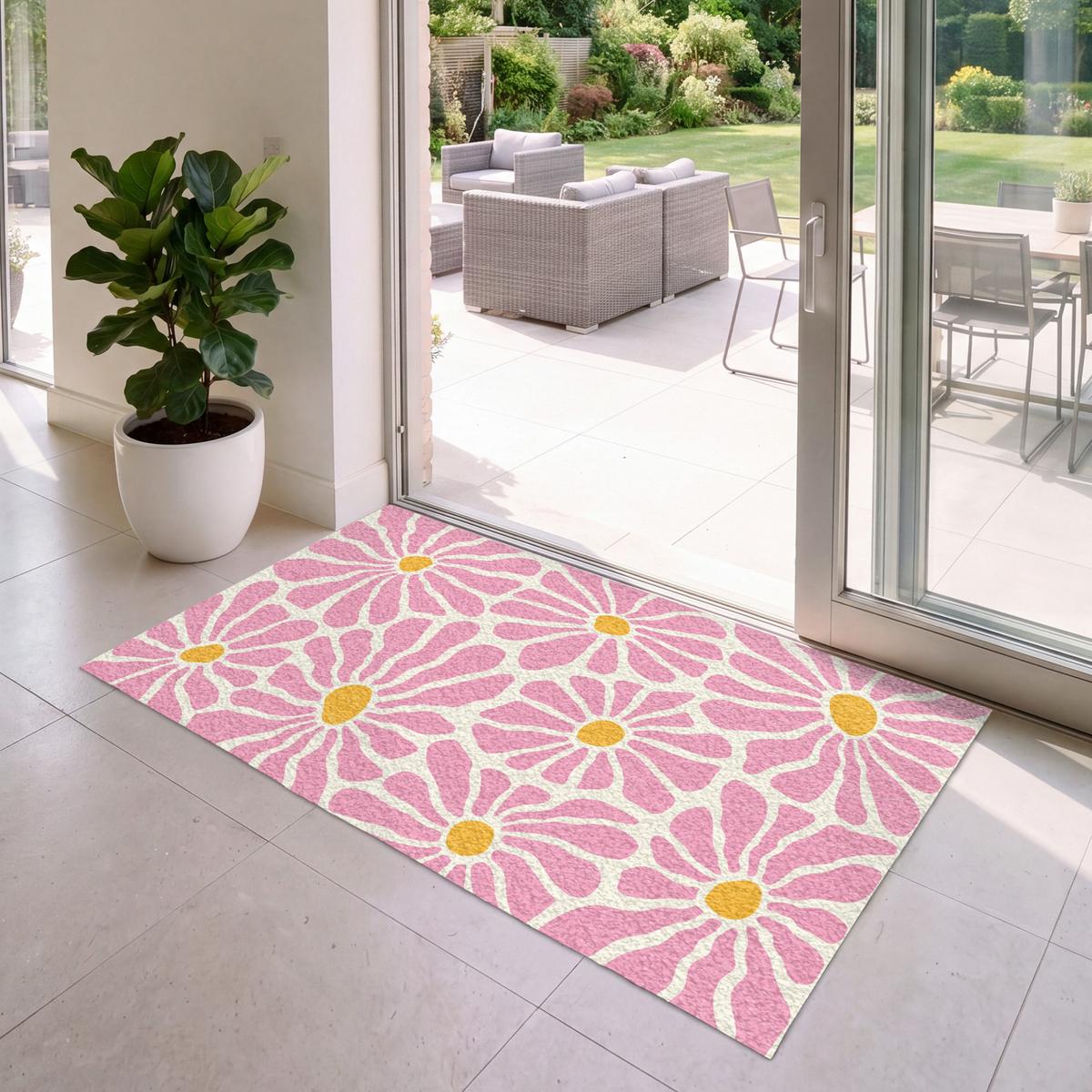 FUSSMATTE Blumen - Muster - Rosa - Beige - Orange Sauberlaufmatte 150x90 cm - Rosa, Kunststoff (150/0.4cm) - MuchoWow