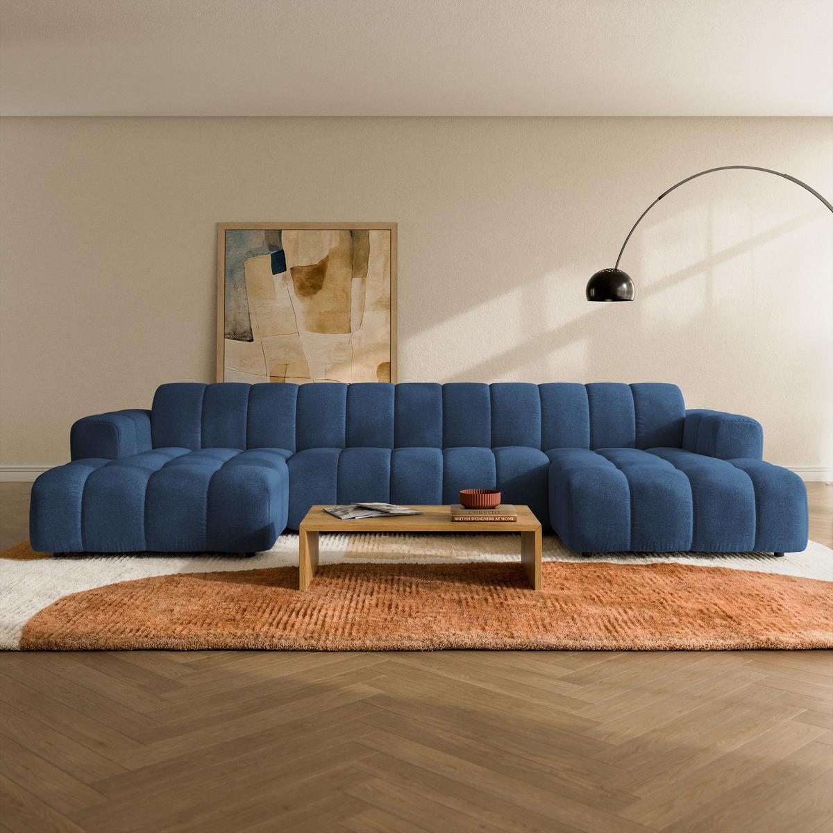 WOHNLANDSCHAFT AENIS Blau Strukturstoff - Blau, Holz (398/85/165cm) - MASSENO