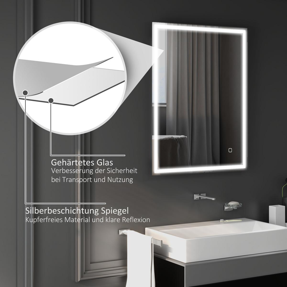 BADSPIEGEL mit Beleuchtung 90x70 cm LED Spiegel Wandspiegel mit Memory-Funktion - Silberfarben, Glas (70/4/90cm) - HOMCOM