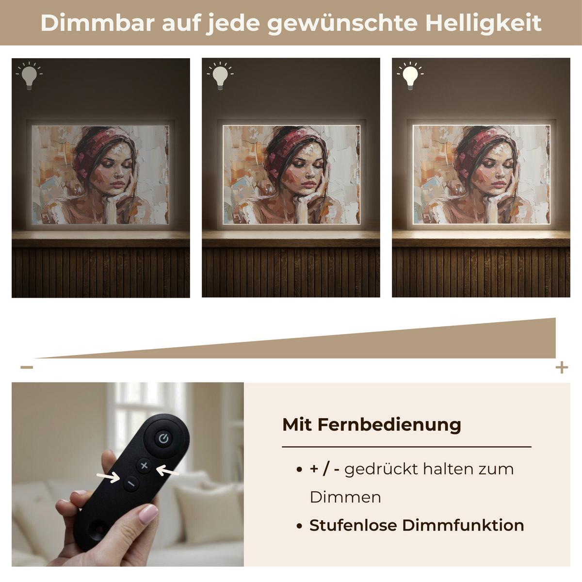 WANDLEUCHTE MIT AKKU Frau - Lackierung - Porträt - Modern 40x30 cm - Braun, Holzwerkstoff (40/30/8cm) - OnlyWow