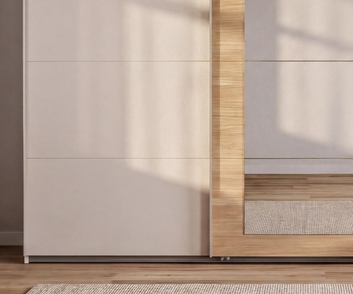 SCHWEBETÜRENSCHRANK 3-türig B313/H208/64 cm Kleiderschrank in Beige Grau, Spiegel umrahmt in Eiche Natur, Griffe Beige Grau / 22631 - Beige/Grau, Holzwerkstoff/Metall (313/208/64cm) - luma-home