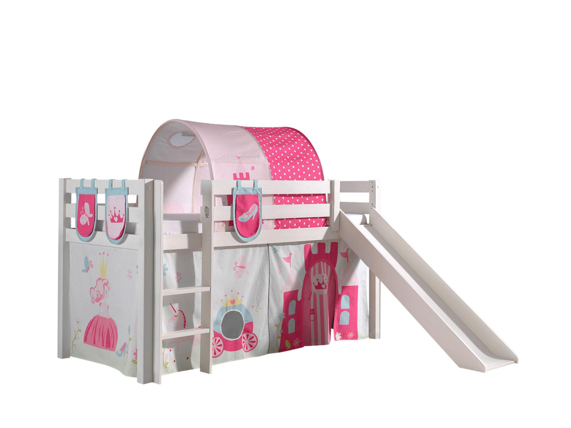 HOCHBETT mit Rutsche Karolina Massivholz Weiß Textilset Princess 4 - Magenta/Weiß, Holz (90/200cm) - 58aufmkessel