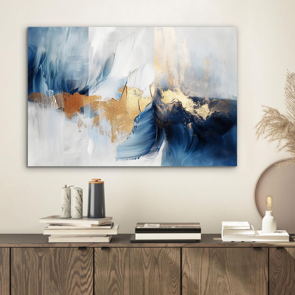 METALLBILD Gold - Blau - Aquarell - Kunst - Modern Wandbild 60x40 cm - Hellblau, Metall (60/40cm) - MuchoWow