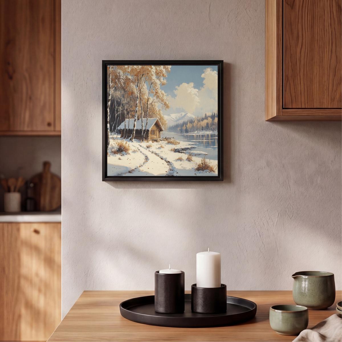 LEINWAND Bilder mit Rahmen - Winter - Schnee - Zuhause - Natur - 20x20 - Hellbraun, Textil (20/20cm) - MuchoWow