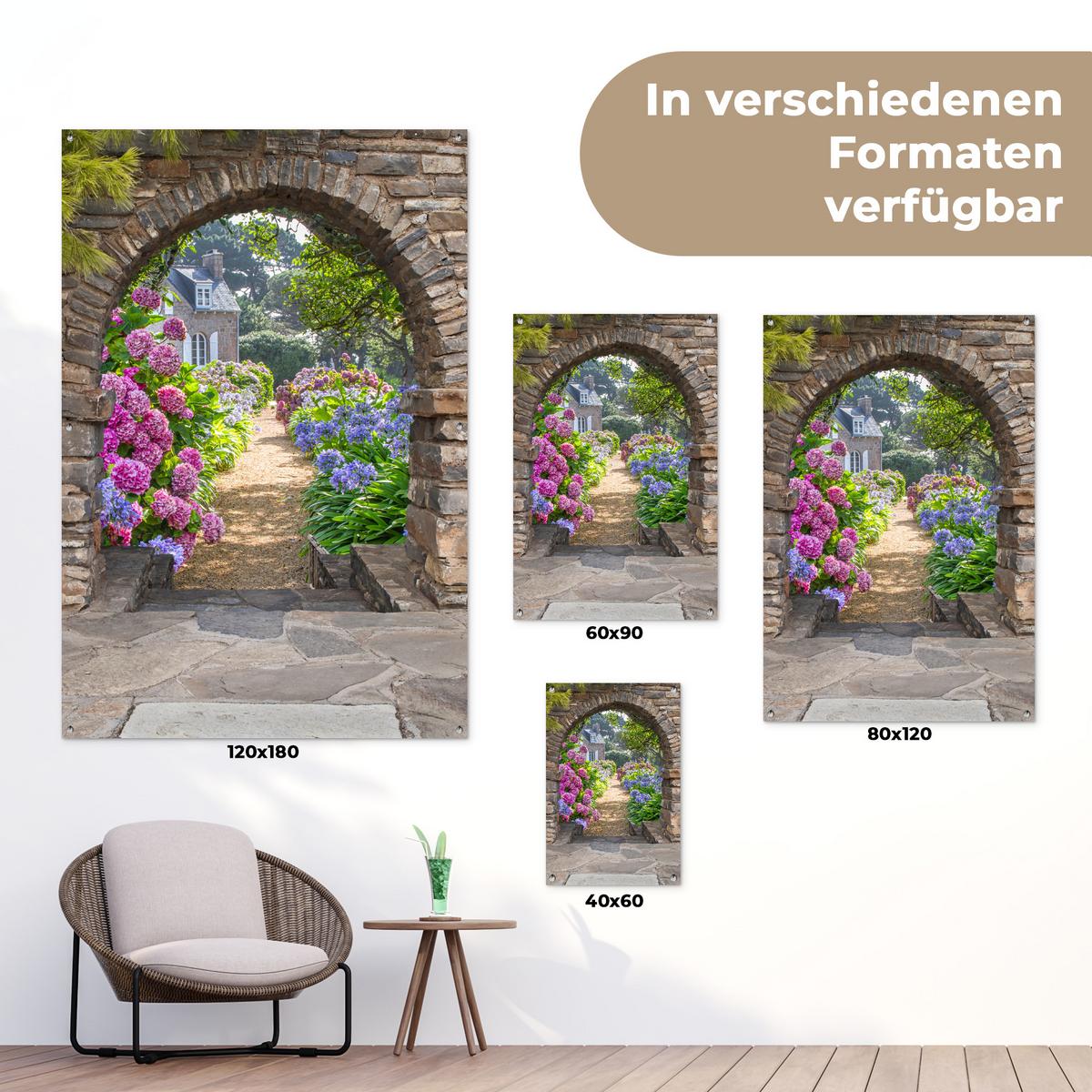 GARTENPOSTER Blumen - Guck-guck - Hortensie - Sommer Bild 120x180 cm - Braun, Kunststoff (120/180/0.2cm) - OnlyWow