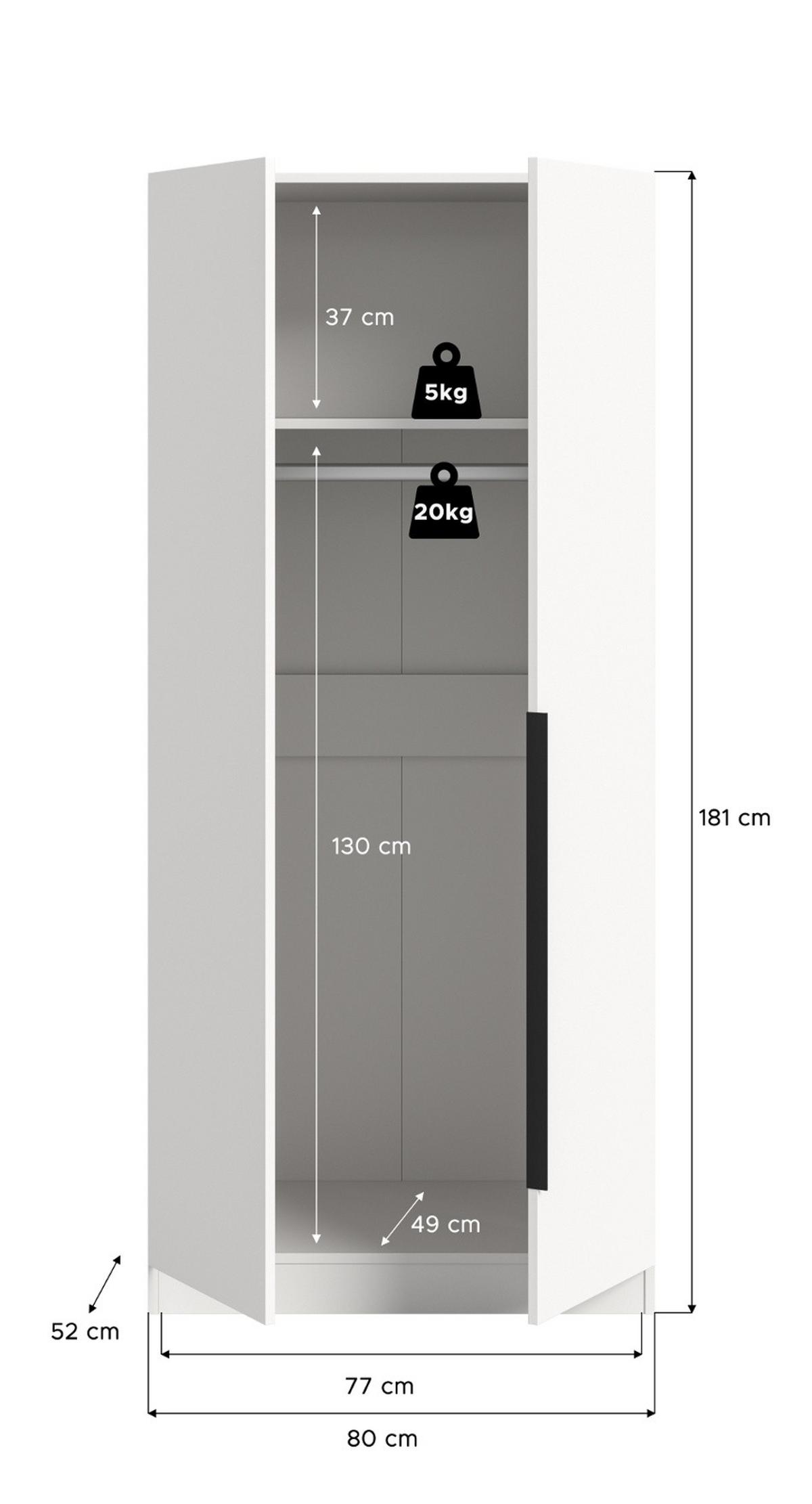 KLEIDERSCHRANK weiß 2-türig 80 x 181 cm, Drehtürenschrank mit Kleiderstange - Schwarz/Weiß, Holzwerkstoff/Kunststoff (80/181/52cm) - Inn.Furn
