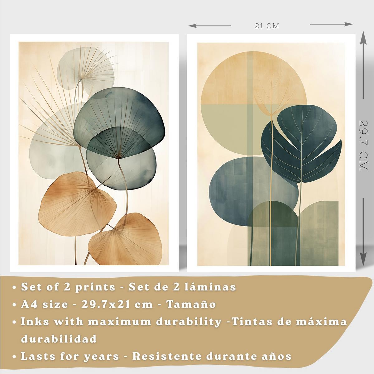 POSTER 2er Bilder-Set Wandbilder Geometrische Blumen modern Wohnzimmer Deko, Schlafzimmer, Küche, Badezimmer Leichter Holzrahmen A4 - Beige, Papier (29.7/1/21cm) - Nacnic