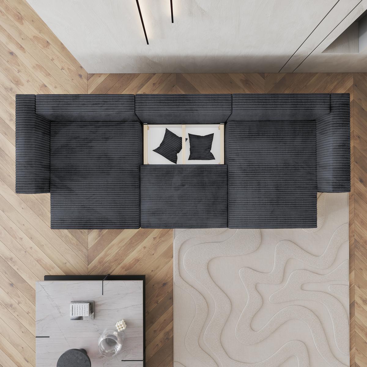 WOHNLANDSCHAFT SARMO Graphitfarben Kordstoff mit Schlaffunktion - Graphitfarben/Grau, Holz/Kunststoff (347/90/148cm) - MASSENO