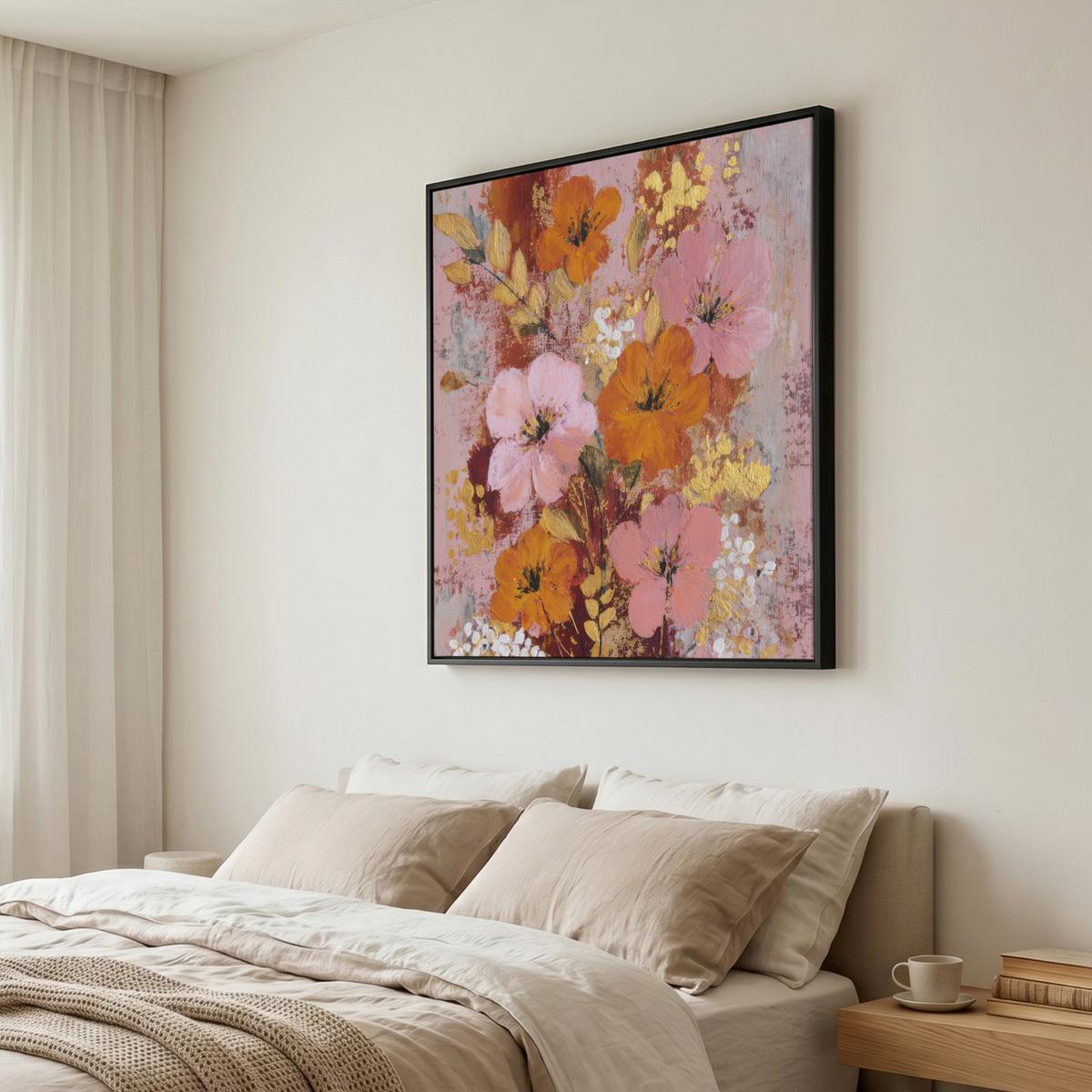LEINWAND Bilder mit Rahmen - Malerei - Blumen - Rustikal - Rosa - 90x90 - Altrosa, Textil (90/90cm) - MuchoWow