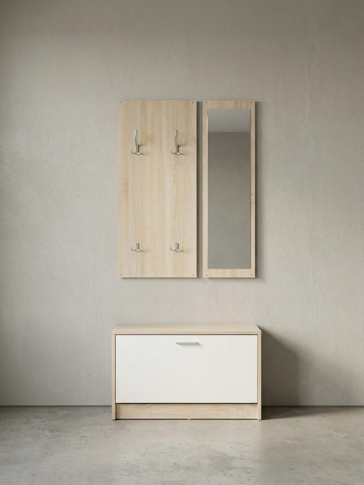 WANDGARDEROBE mit Spiegel, 10 Haken und Platz für 8 Paar Schuhe DELFT, Beige 80x27x180 cm - Beige, Holz (80/180/27cm) - KADIMA DESIGN