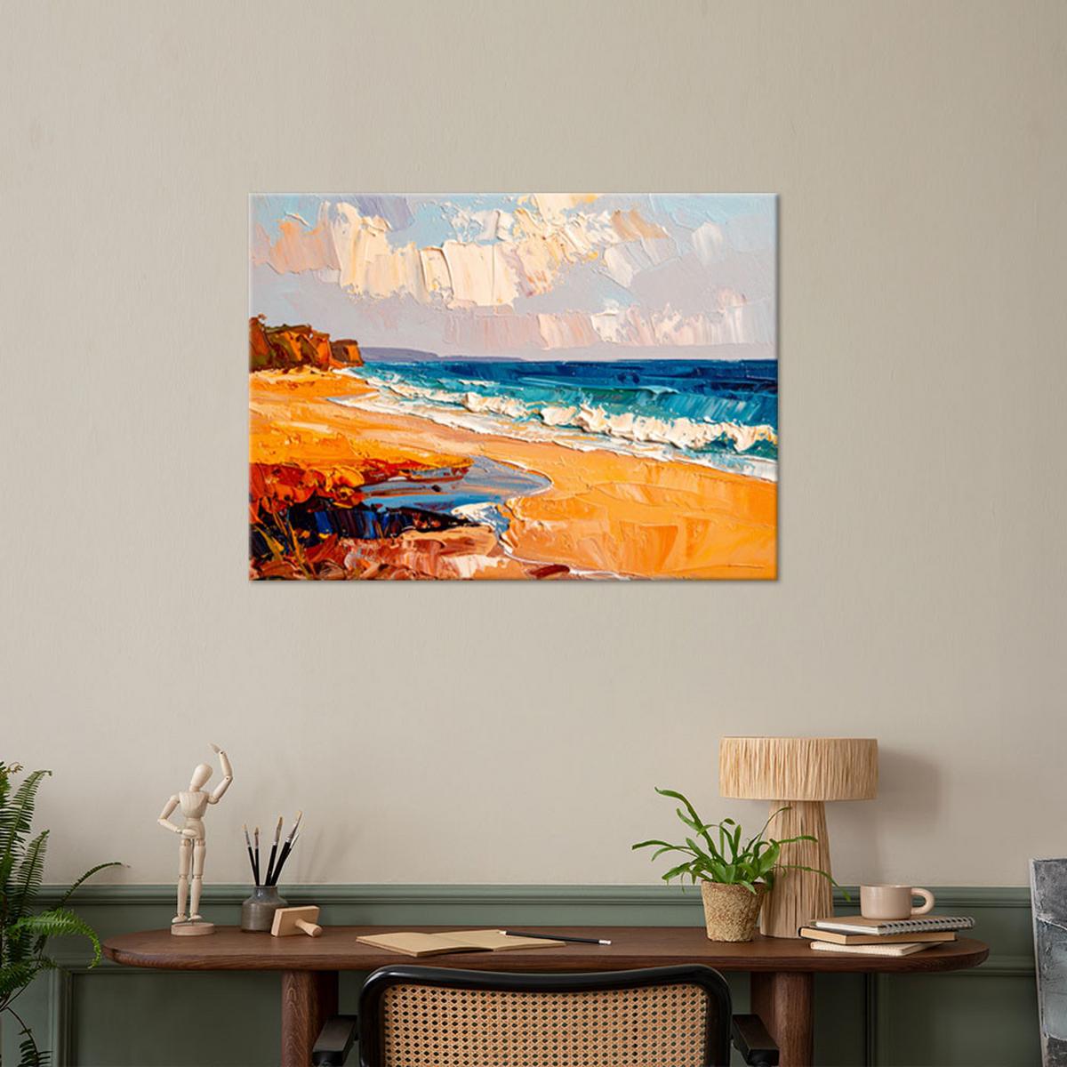 LEINWANDBILD Strand Meer Landschaft wie gemalt 100x70cm - Orange, Textil (100/70cm) - Feeby