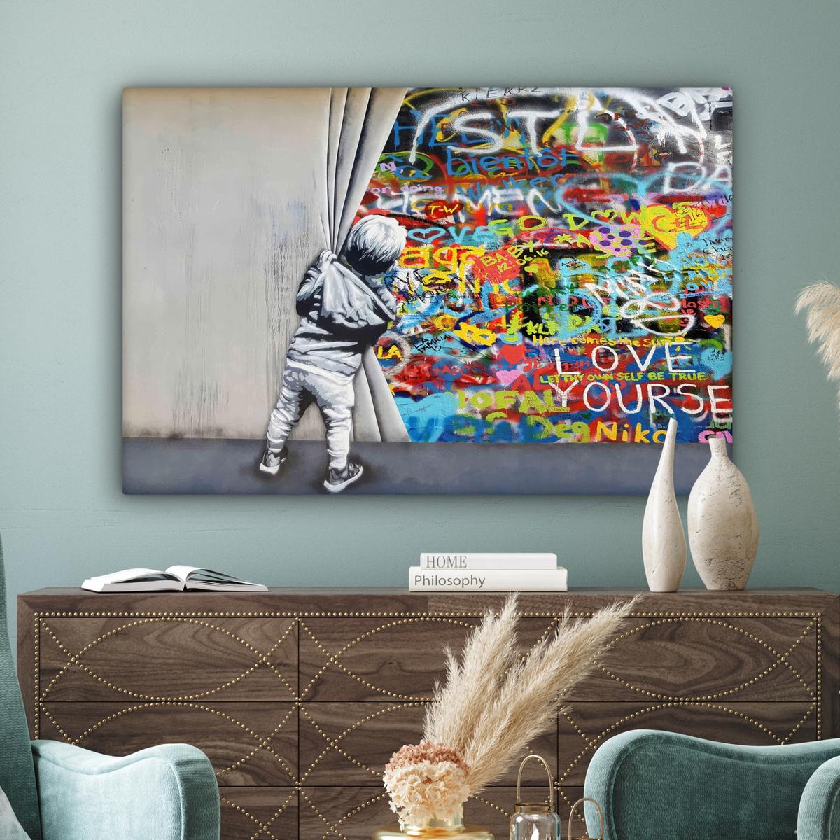 LEINWANDBILD Graffiti - Junge - Ilussie - Straßenkunst Wohnzimmer Groß 120x80 cm - Hellgrau, Textil (120/80cm) - MuchoWow
