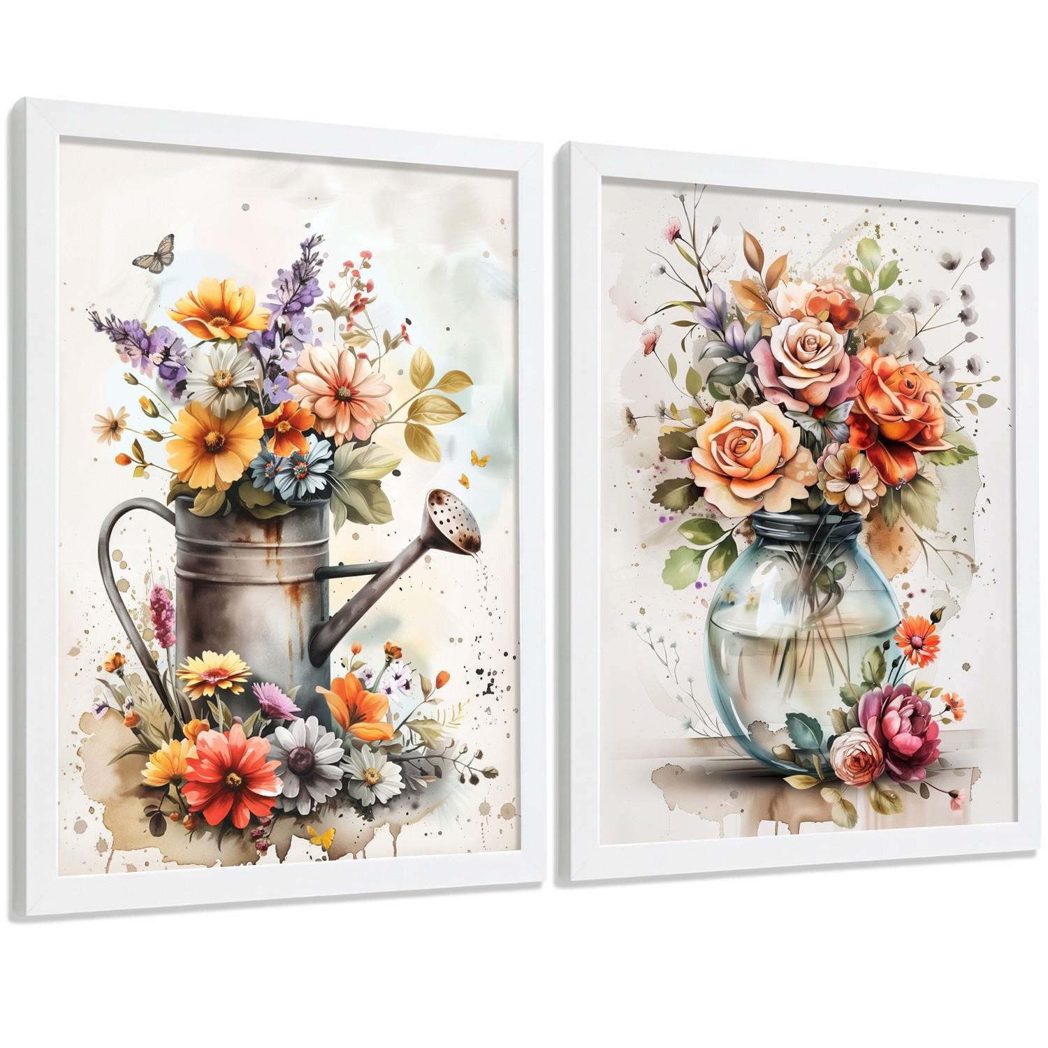 POSTER 2er Set Blumen-Wandbilder Rosen in Vase Botanisches Aquarell Bunt Küche Wohnzimmer Wanddeko Rahmenlos A3 - Weiß, Papier (29.7/1/42cm) - Nacnic
