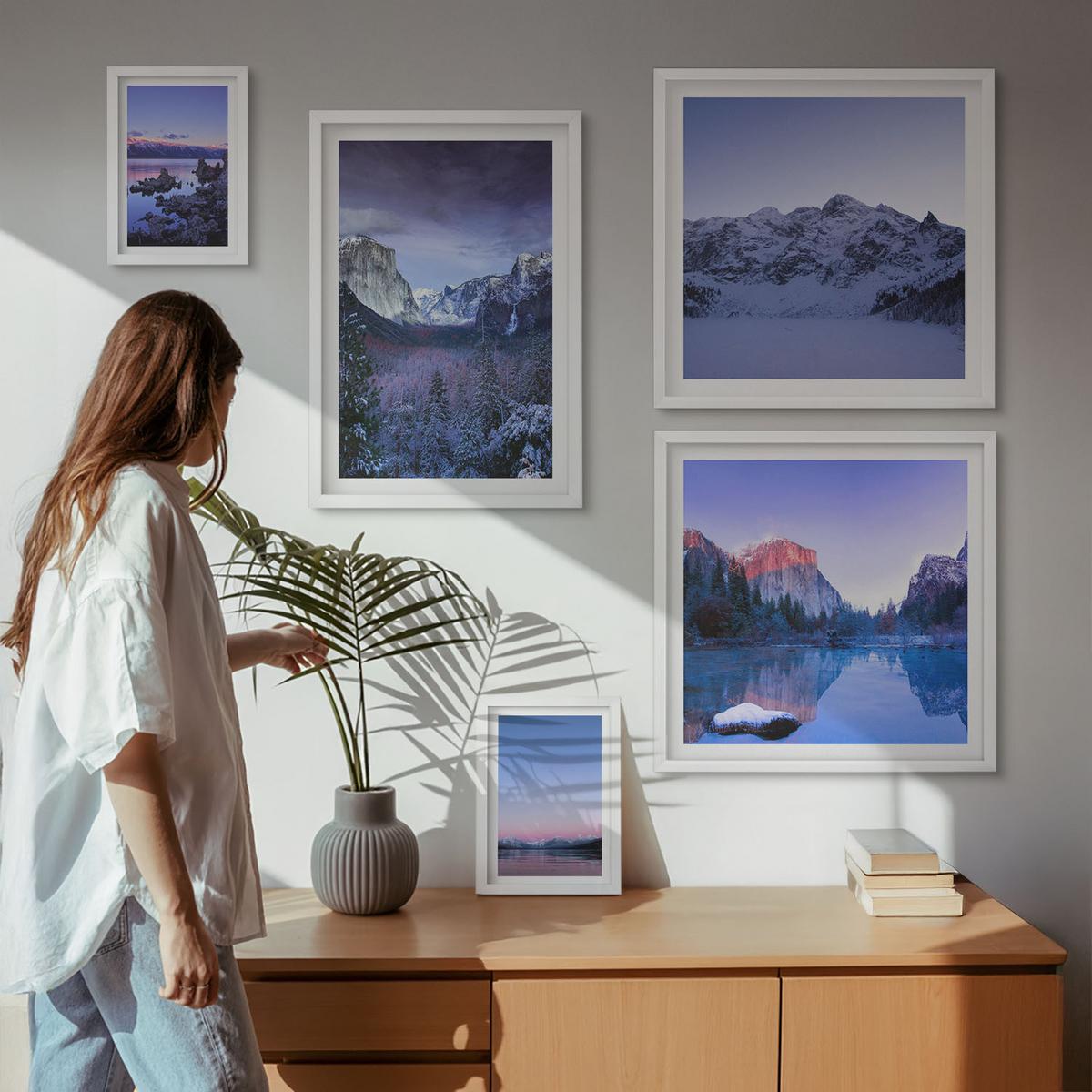 BILDER SET 5er Set - 50x50 cm & 20x30 cm & 40x60 cm Weißer Rahmen - Berglandschaften, Sonnenuntergang, Wasser - Weiß, Kunststoff (40/60cm) - TULUP
