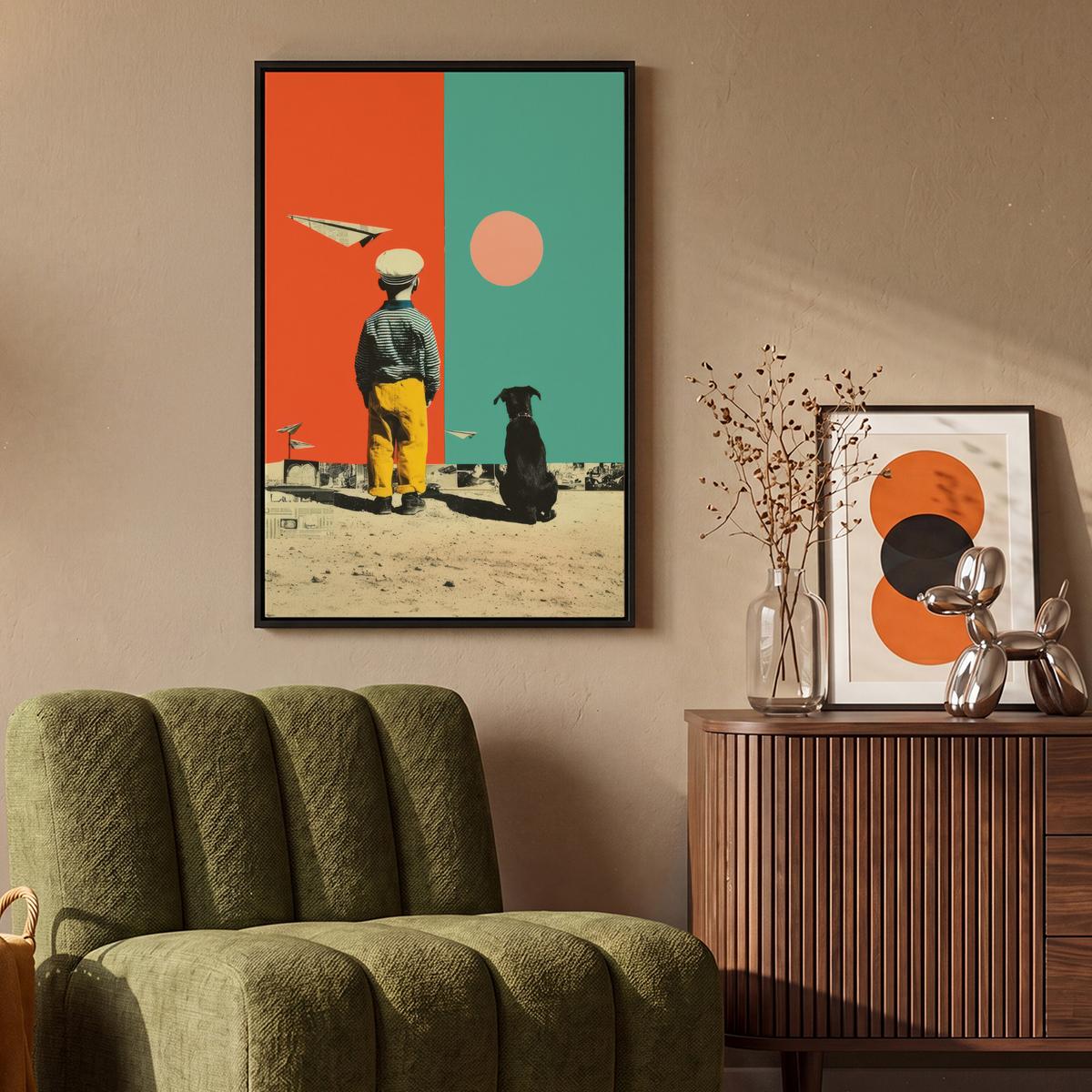 LEINWAND Bilder mit Rahmen - Retro - Junge - Hund - Rot - Grün - 60x90 - Orange, Textil (60/90cm) - MuchoWow
