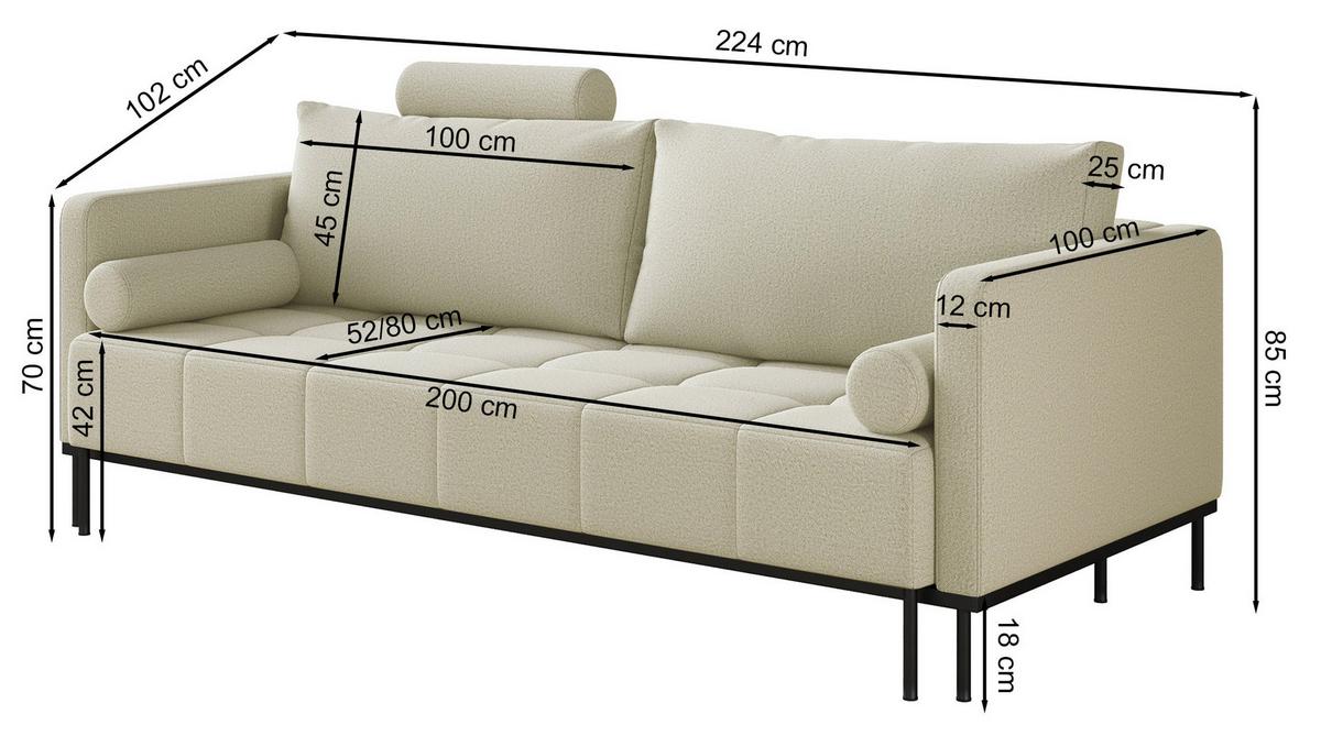SCHLAFSOFA Skilia mit Schlaffunktion, 3-Sitzer 224 cm - Schwarz/Braun, Textil/Metall (224/85/102cm) - Selsey