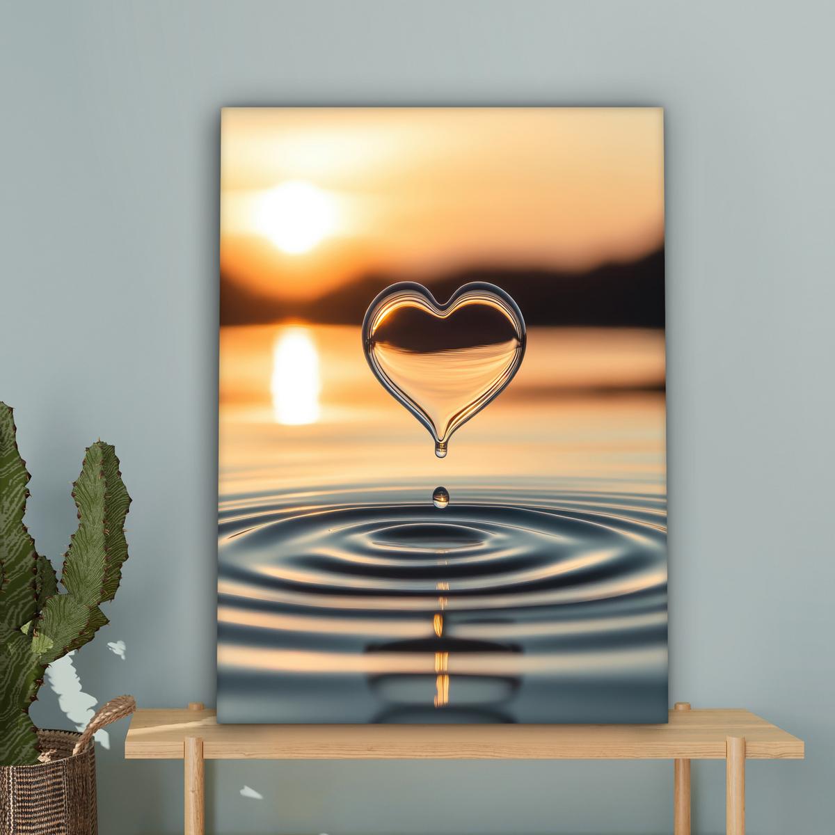 LEINWANDBILD Herz - Wasser - Sonnenuntergang - Natur - Zen Wandbild Wohnzimmer 60x80 cm - Bernsteinfarben, Textil (60/80cm) - MuchoWow