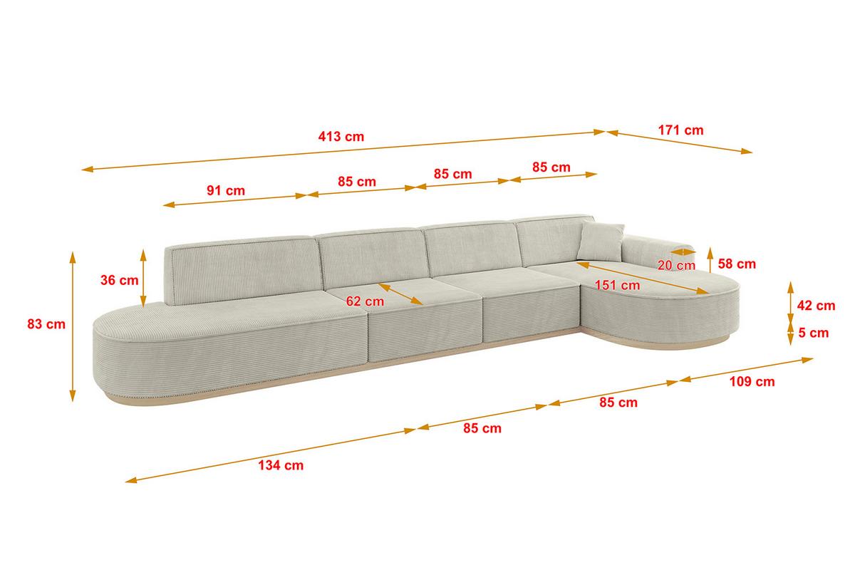 ECKSOFA Ottomane Rechts MARI-L3-v1 - 413x171x83 cm Creme Cord - Hellgrau/Creme, Holzwerkstoff/Textil (171/413cm) - ALTDECOR
