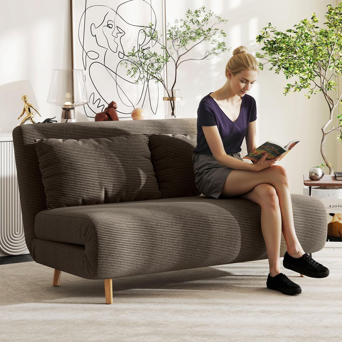 SCHLAFSOFA Polyester Buchenholz Kaffee-Braun - Buchefarben/Braun, Buchenholz/Textil (90/81/141cm) - HOMCOM