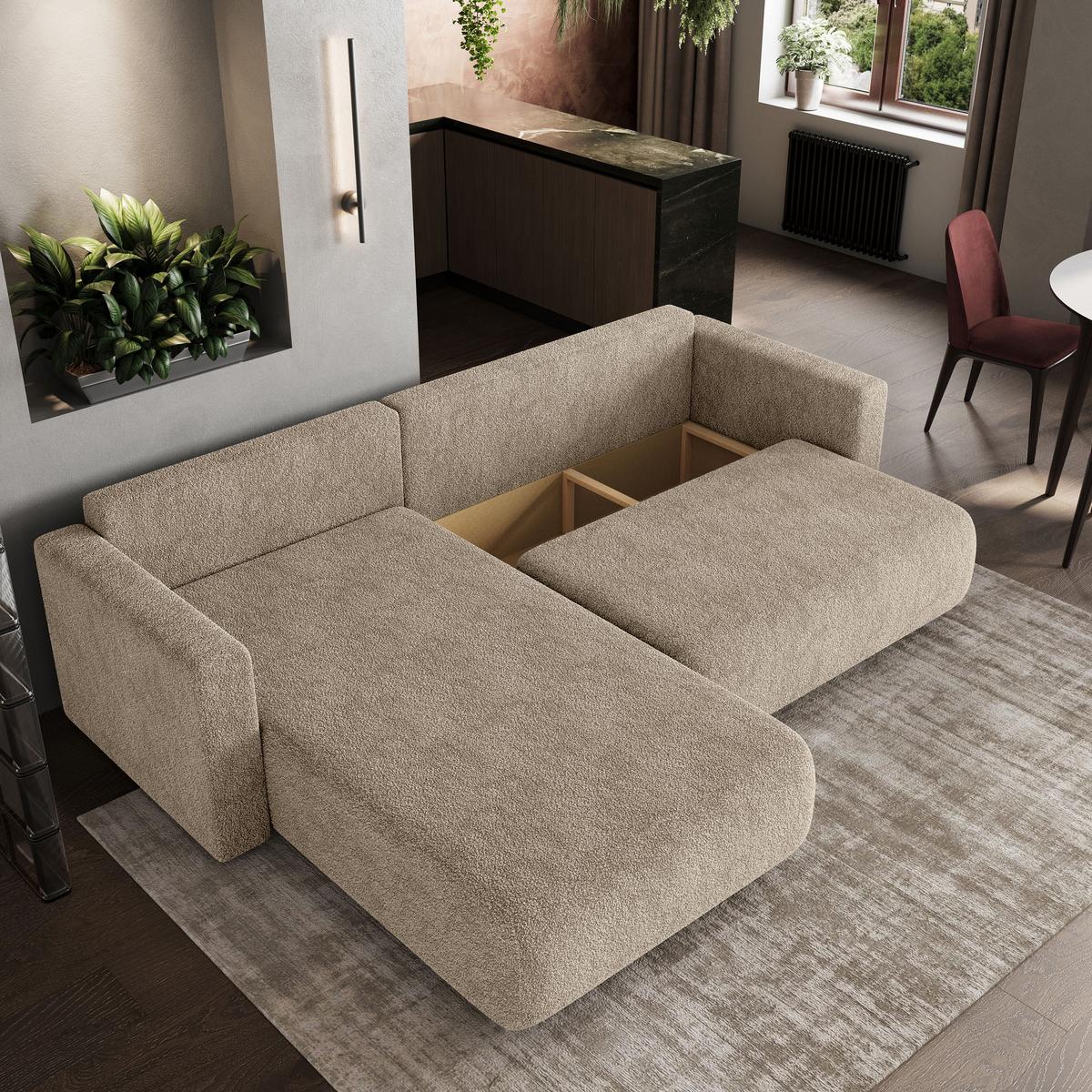 ECKSOFA TURIN N Beige Bucle-Stoff mit Schlaffunktion - Beige/Grau, Holz/Kunststoff (265/183cm) - MASSENO