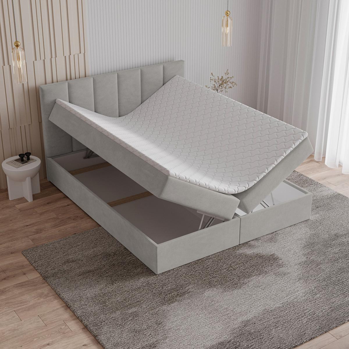 BOXBETT MERIL 180x200 cm mit Matratze und Topper - Grau - Grau, Holz (180/200cm) - MASSENO