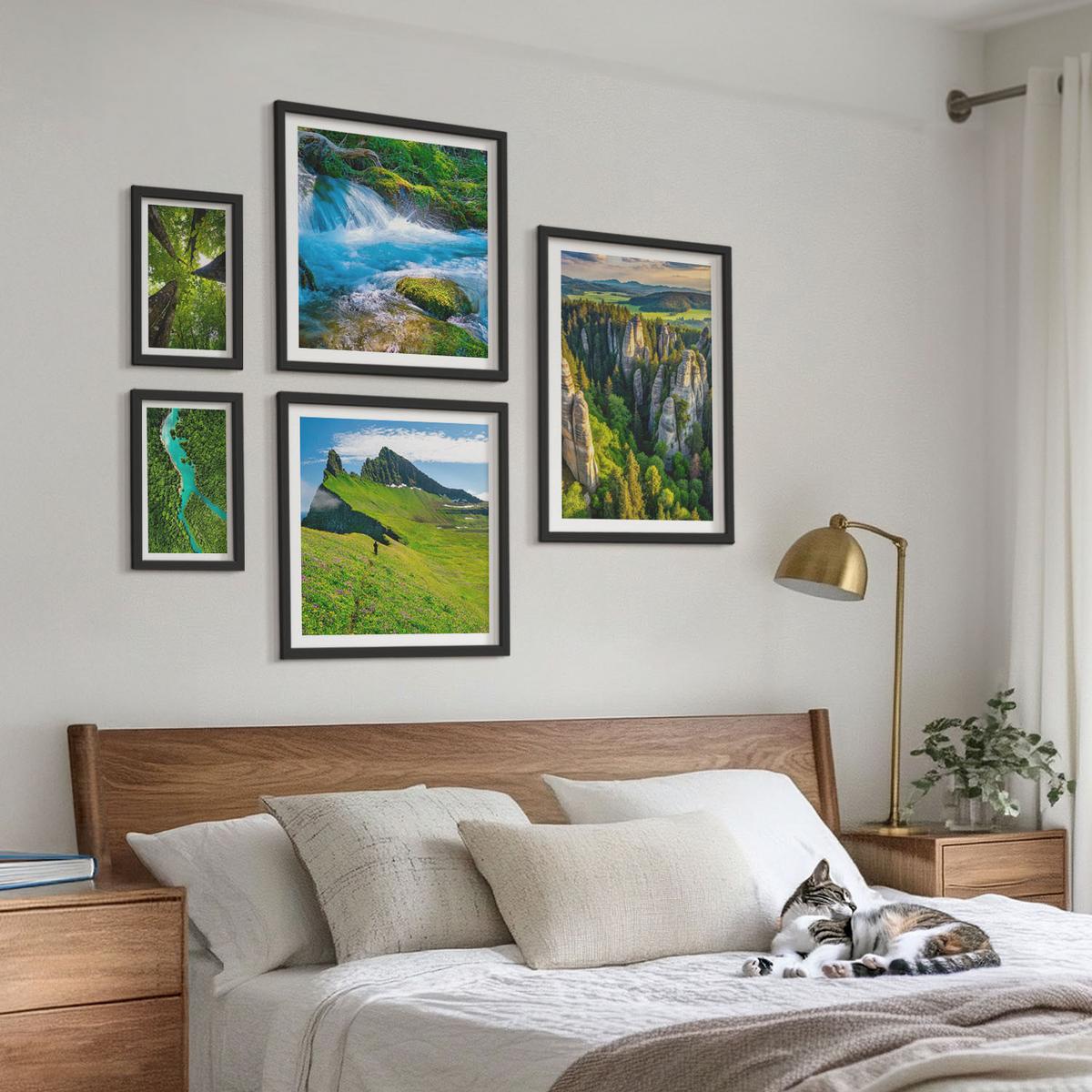 BILDER SET 5er Set - 50x50 cm & 20x30 cm & 40x60 cm Schwarzer Rahmen - Wasserfälle grüner Wald Wasser - Schwarz, Kunststoff (40/60cm) - TULUP