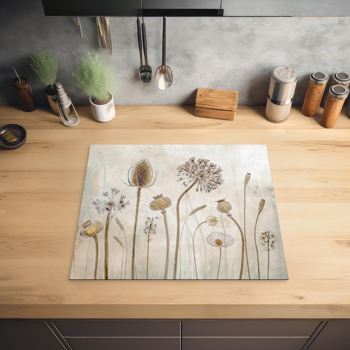 HERDABDECKPLATTE Blumen - Aquarell - Stilleben - Braun - Vintage Abdeckung Ceranfeld 57.6x51.6 cm - Sandfarben, Kunststoff (57.6/51.6/0.2cm) - MuchoWow