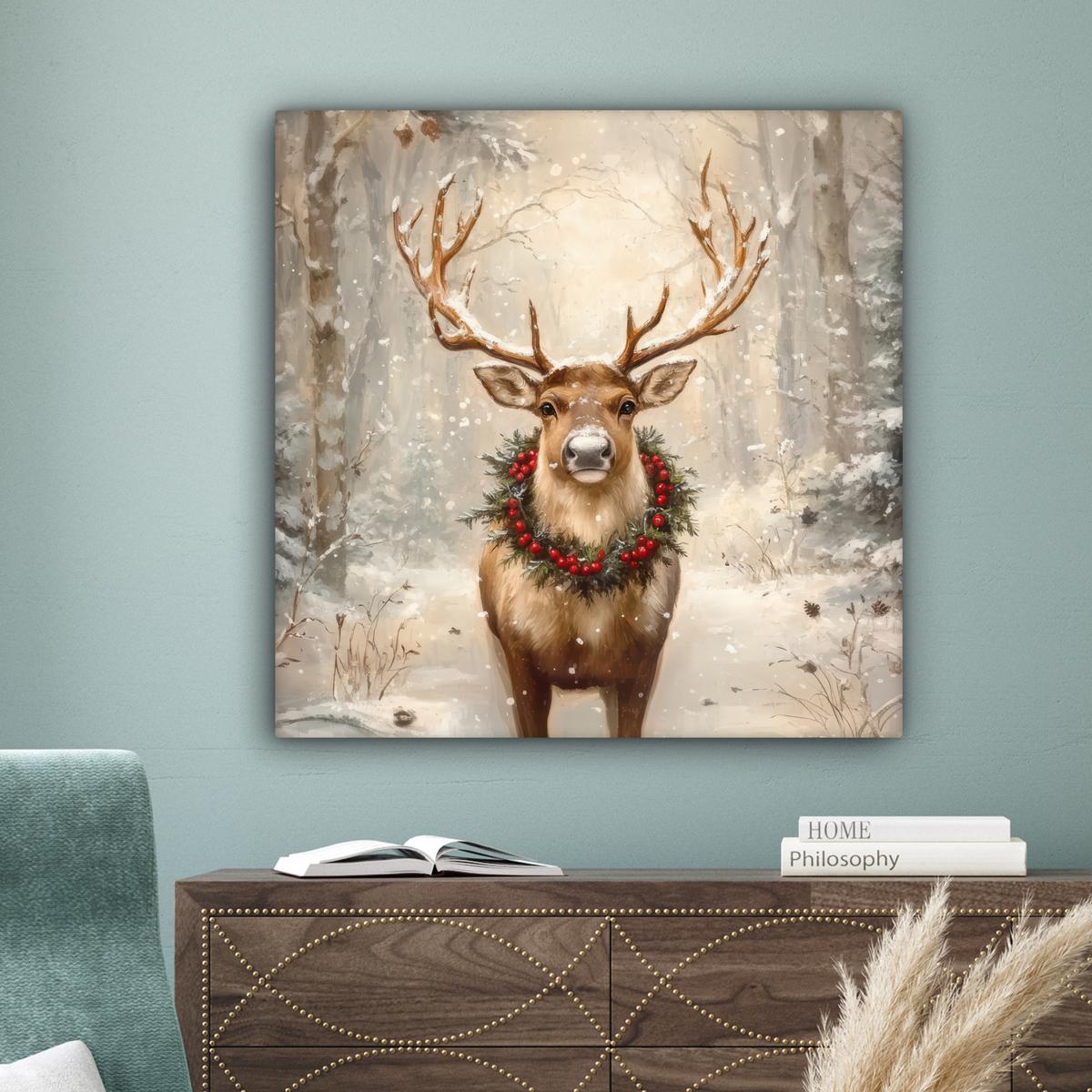 LEINWANDBILD Weihnachten - Rentier - Winter - Kranz Deko Groß 90x90 cm - Naturfarben, Textil (90/90cm) - MuchoWow