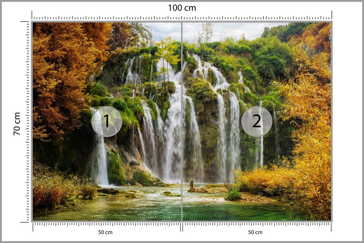 FOTOTAPETE für Esszimmer Exotischer Wasserfall Herbstbaum 100x70 - Gelb/Beige, Papier (100/70cm) - Muralo