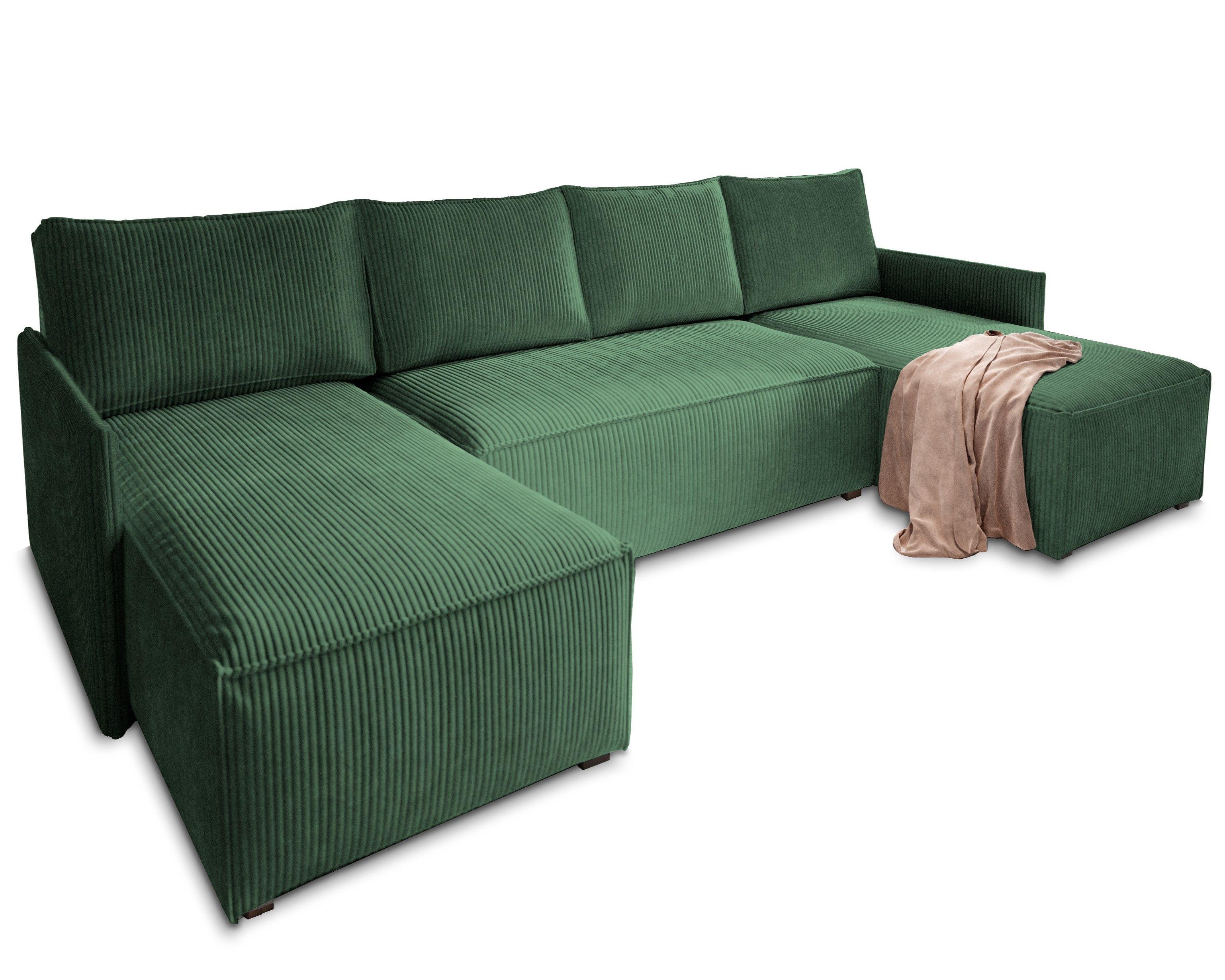 WOHNLANDSCHAFT TRES Grün Kordstoff mit Schlaffunktion - Grau/Grün, Holz/Kunststoff (271/85/140cm) - MASSENO