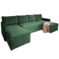 WOHNLANDSCHAFT TRES Grün Kordstoff mit Schlaffunktion - Grau/Grün, Holz/Kunststoff (271/85/140cm) - MASSENO