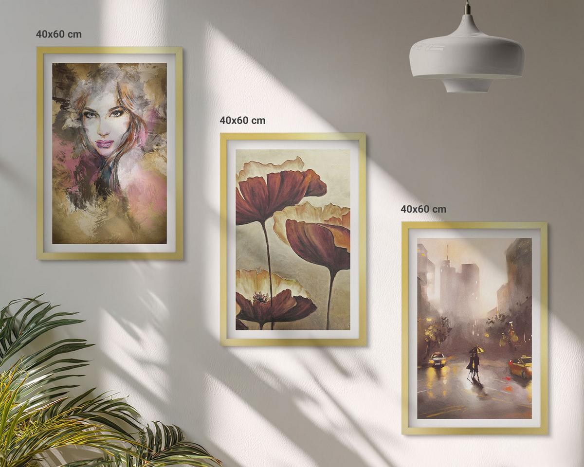 BILDER SET 3er Set - 40x60 cm Goldrahmen - Abstraktes Porträt einer Frau mit Blumen und Regen - Goldfarben, Kunststoff (40/60cm) - TULUP