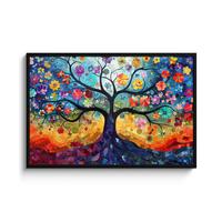 POSTER MIT RAHMENGERAHMTES BILD Kunst - Baum des Lebens - Blumen - Hippie 120x80 cm - Dunkelblau, Papier (120/80cm) - MuchoWow