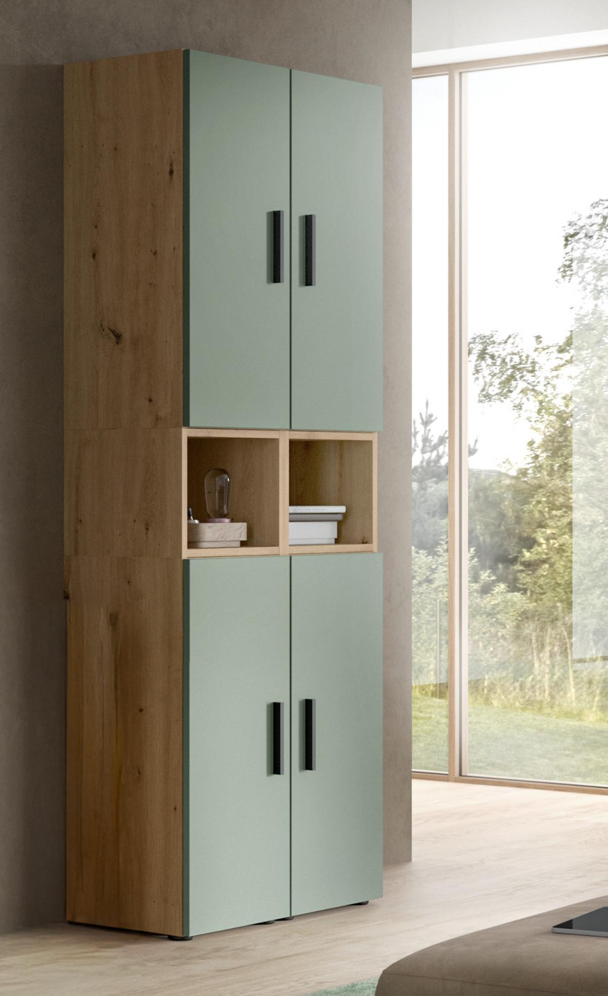 STAURAUMSCHRANK grün, Eiche Artisan 65 x 178 cm, Mehrzweckschrank mit viel Stauraum - Schwarz/Eiche Artisan, Holzwerkstoff/Kunststoff (65/178/34cm) - Inn.Furn