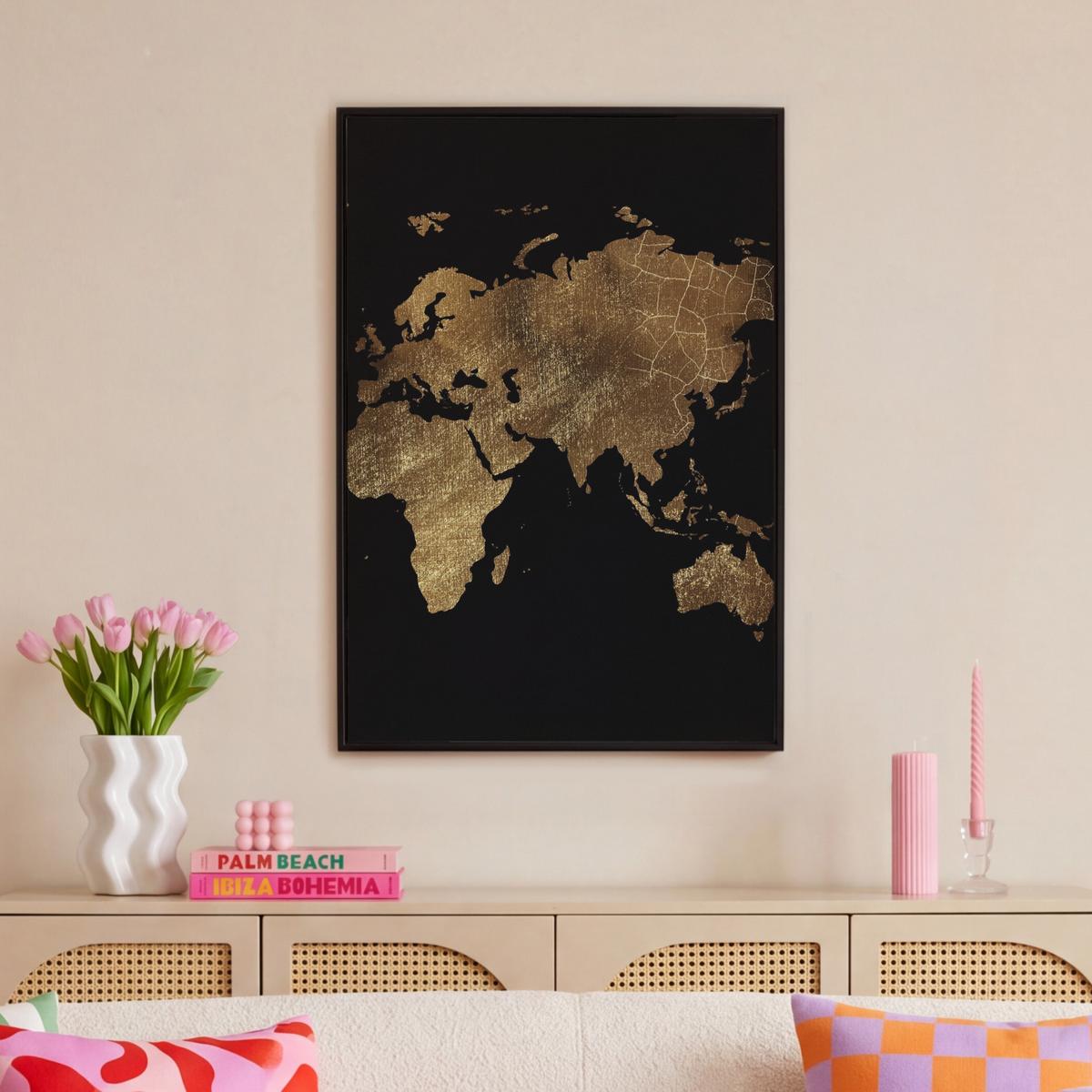LEINWAND Bilder mit Rahmen - Weltkarte - Gold - Luxus - Erde - Schwarz - 60x90 - Goldfarben, Textil (60/90cm) - MuchoWow