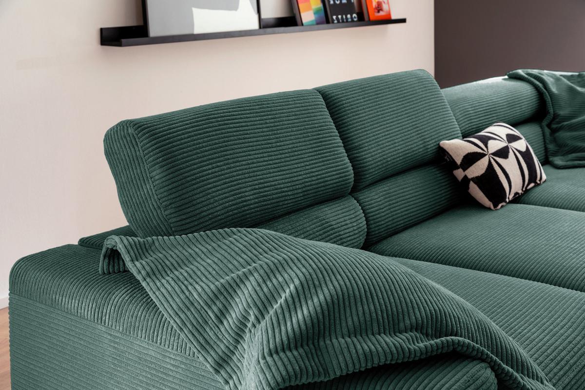 ECKSOFA MIT MOTORISCHEM SITZVORZUG DELIA Smaragdgrün Cord Relaxfunktion - Smaragdgrün/Schwarz, Textil/Metall (312/219cm) - KAWOLA