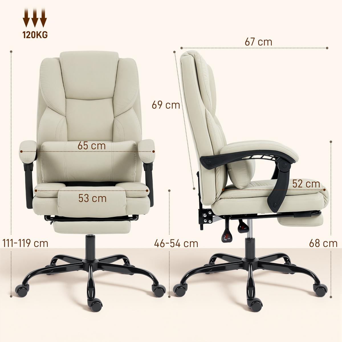 BÜROSTUHL, Ergonomisch mit Verstellbar Rückenlehne, Beige - Beige/Schwarz, Kunststoff/Textil (65/119/67cm) - HOMCOM