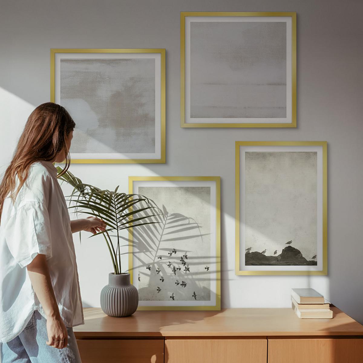 BILDER SET 4er Set - 50x50 cm & 40x60 cm Goldrahmen - Minimalistische Vögel im Flug - Goldfarben, Kunststoff (50/50cm) - TULUP