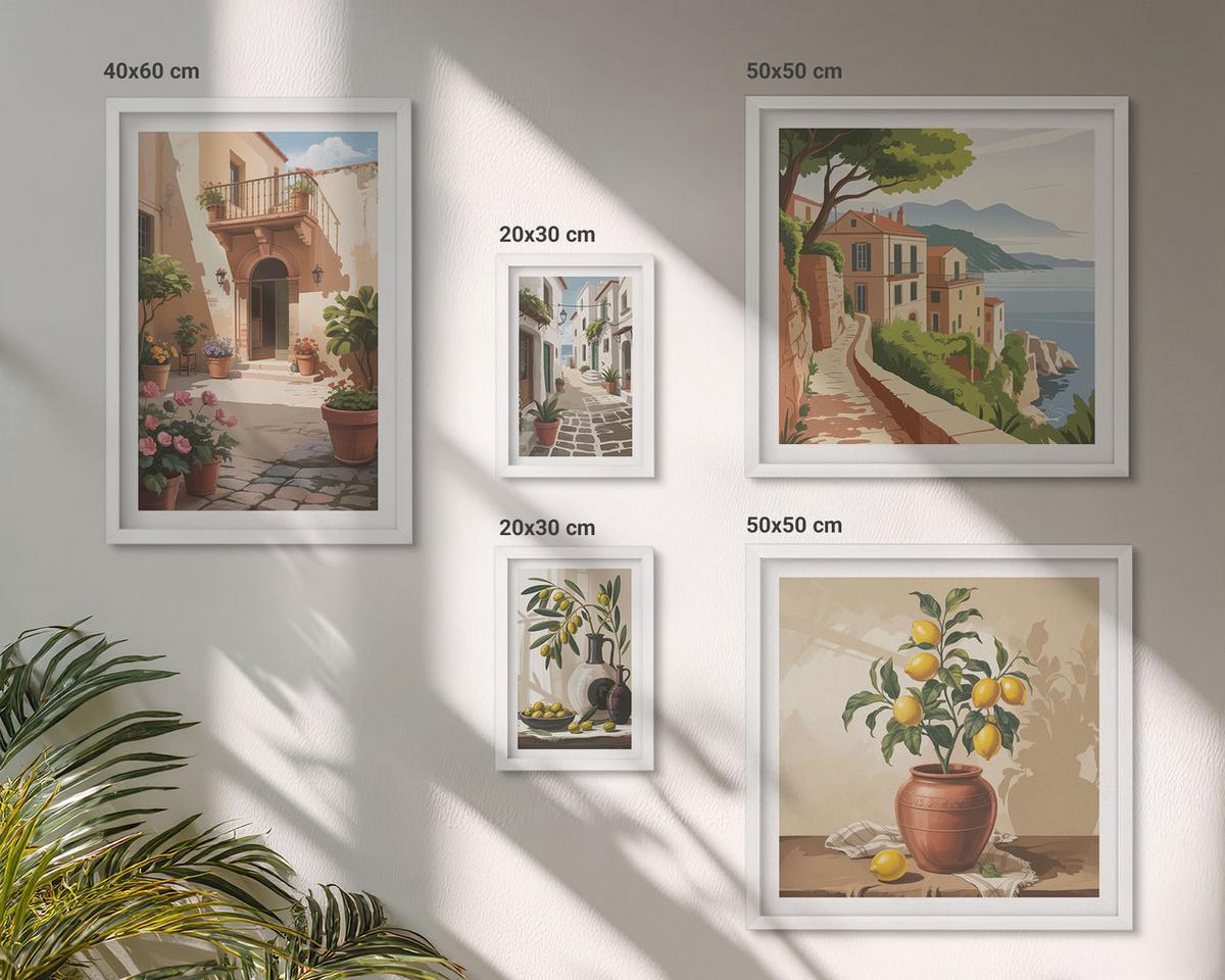 BILDER SET 5er Set - 50x50 cm & 20x30 cm & 40x60 cm Weißer Rahmen - Zitronenblumen im Topf, Straßen - Weiß, Kunststoff (40/60cm) - TULUP