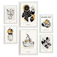 POSTER Set Mit 6 In Schwarzer Tinte Snack Künstlerische Und Abstrakte Drucke Für Innenarchitektur A3 & A4 Weißer Rahmen - Weiß, Papier (29/3cm) - Nacnic