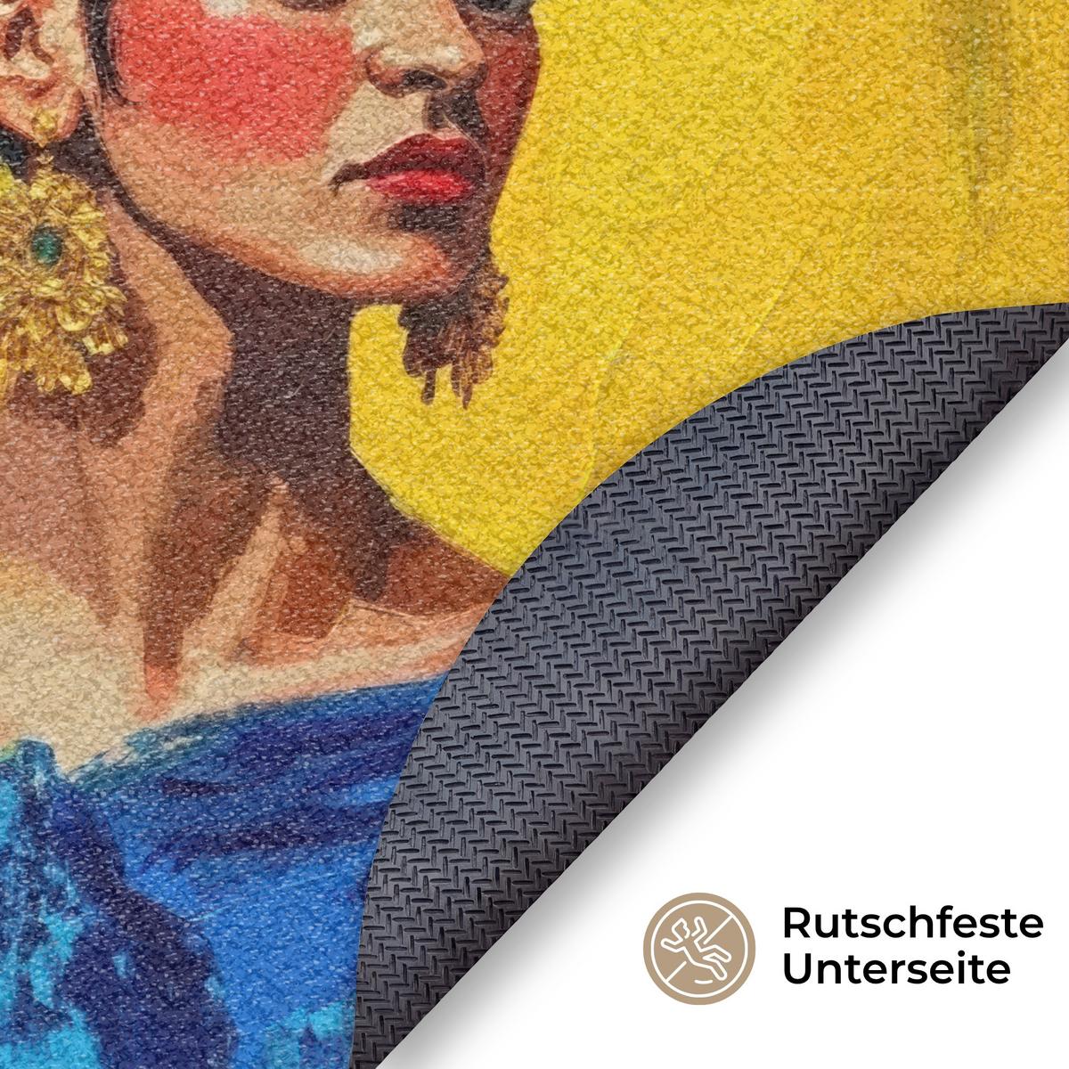 FUSSMATTE Frida Kahlo - Frau - Gelb - Blau - Blumen Schmutzfangmatte 90x90 cm - Gelb, Kunststoff (90/0.4cm) - MuchoWow