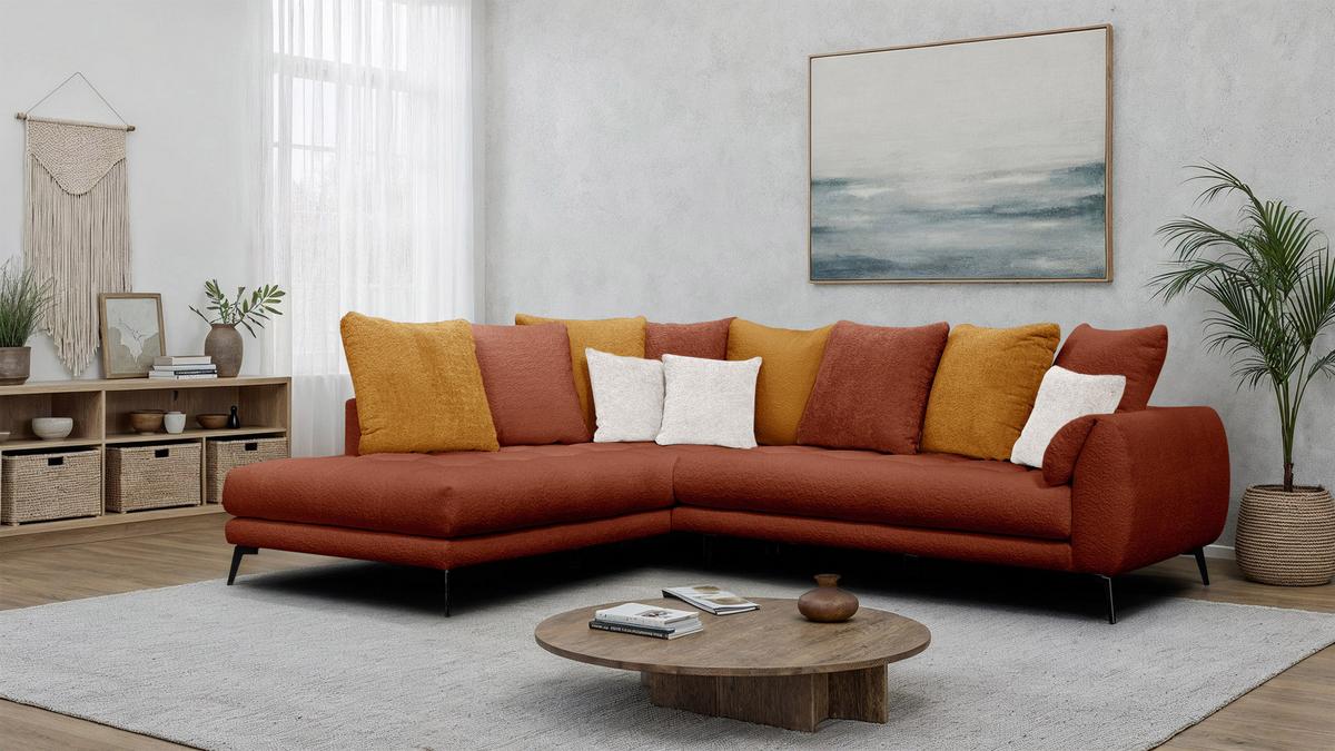 ECKSOFA CALME 5-Sitzer, dunkelorange und écru - Dunkelorange/Schwarz, Holz/Textil (294/229cm) - Wozimo
