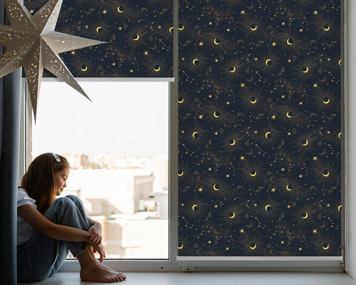 INNENROLLO - Fensterrollo - Rollo - 100x180 cm - Mond und Sterne - Schwarz, Kunststoff (100/180/0.5cm) - TULUP