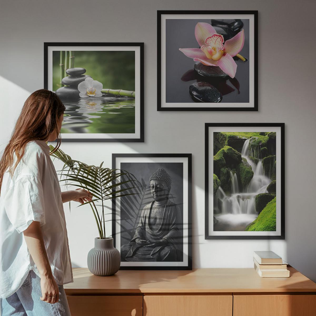 BILDER SET 4er Set - 50x50 cm & 40x60 cm Schwarzer Rahmen - Zen-Gemälde, Wassersteine, Buddha - Schwarz, Kunststoff (50/50cm) - TULUP