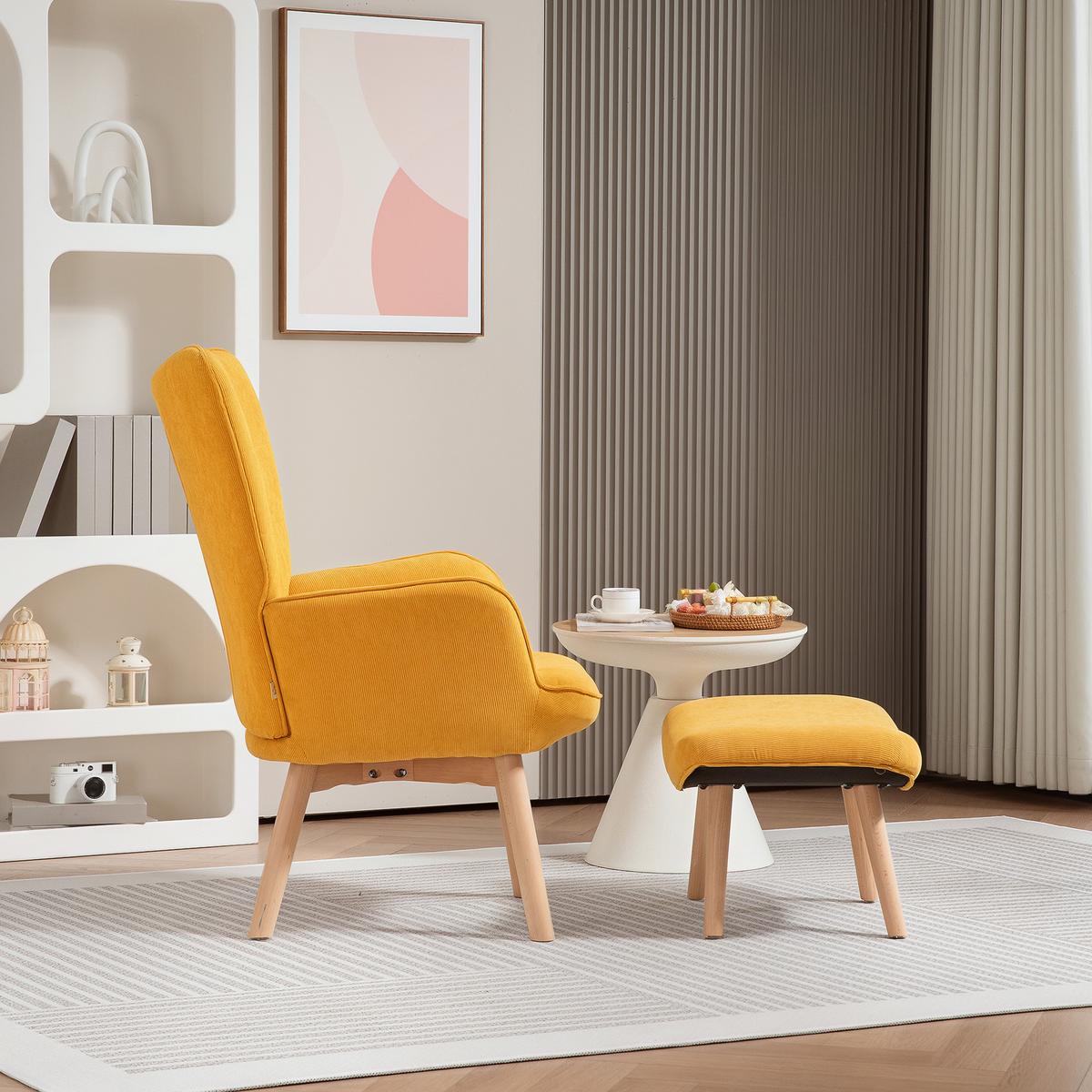 OHRENSESSEL mit Hocker, Relaxsessel, Polstersessel in Kordoptik, Loungesessel - Buchefarben/Orange, Holz/Buchenholz (80/101/72cm) - HOMCOM